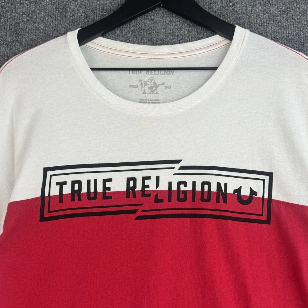 True Religion T-Shirt Mens XXL Red White Colorblock Long Sleeve Cotton Logo NWT